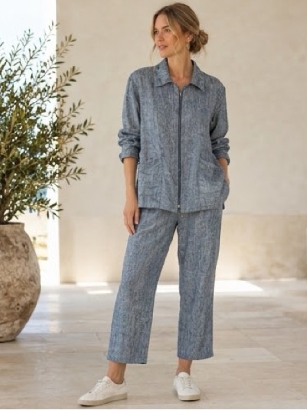 FLAX Two Piece Linen Blue Pants and Zip Top Set S
